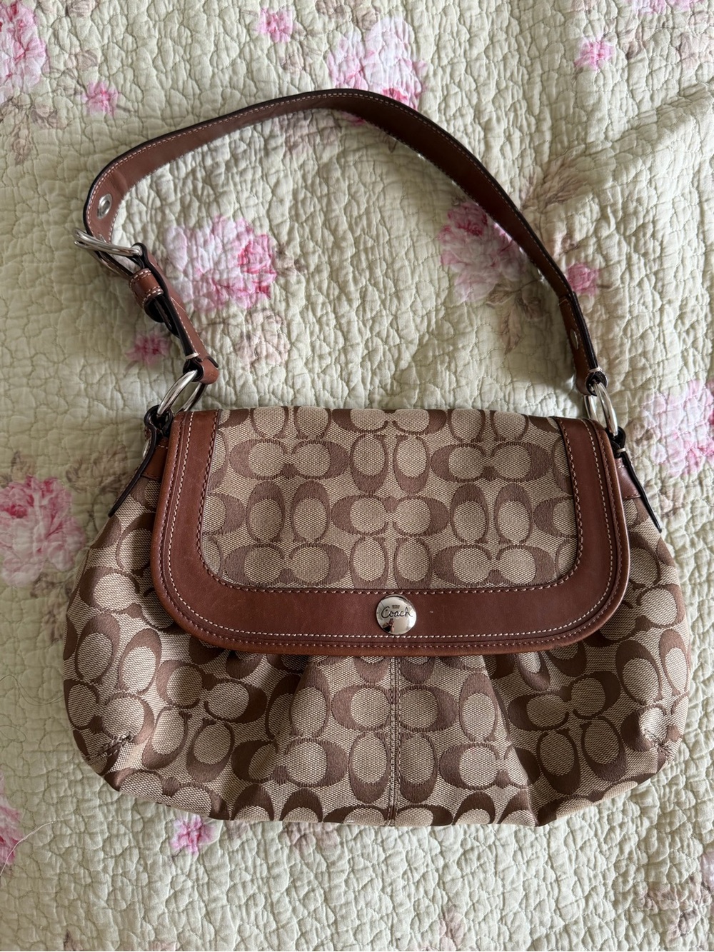 Coach Tan and Brown Signature Canvas Shoulder Bag